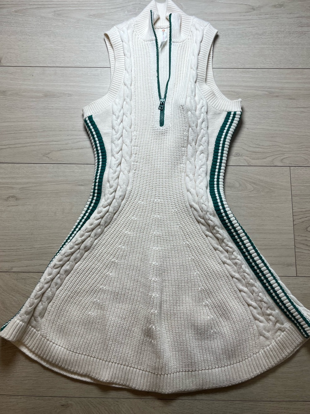 Daily Practice Sleeveless Cable Knit Polo Dress in beige with Green Trim XS